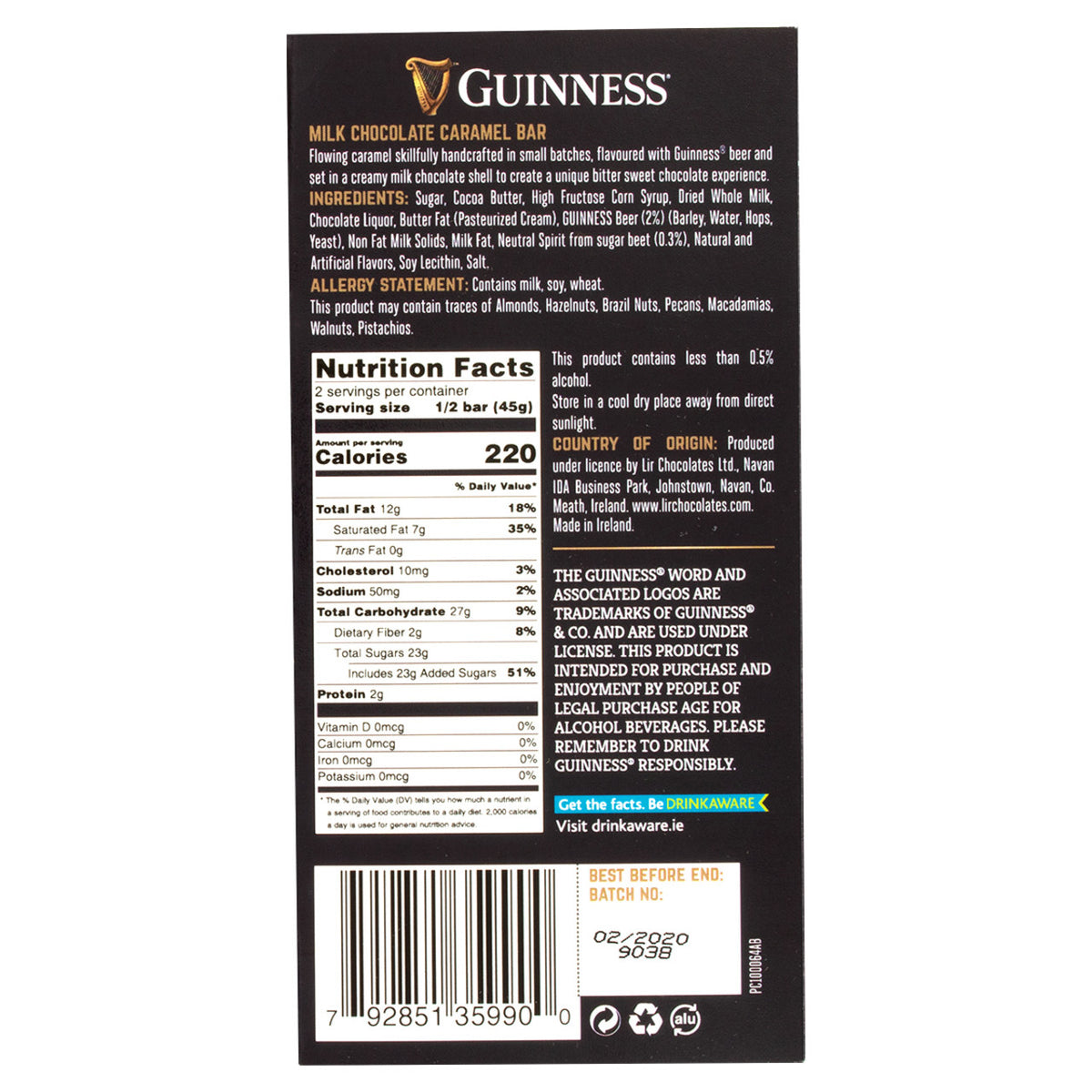 Guinness caramel chocolate bar packaging with nutrition facts all on a white background
