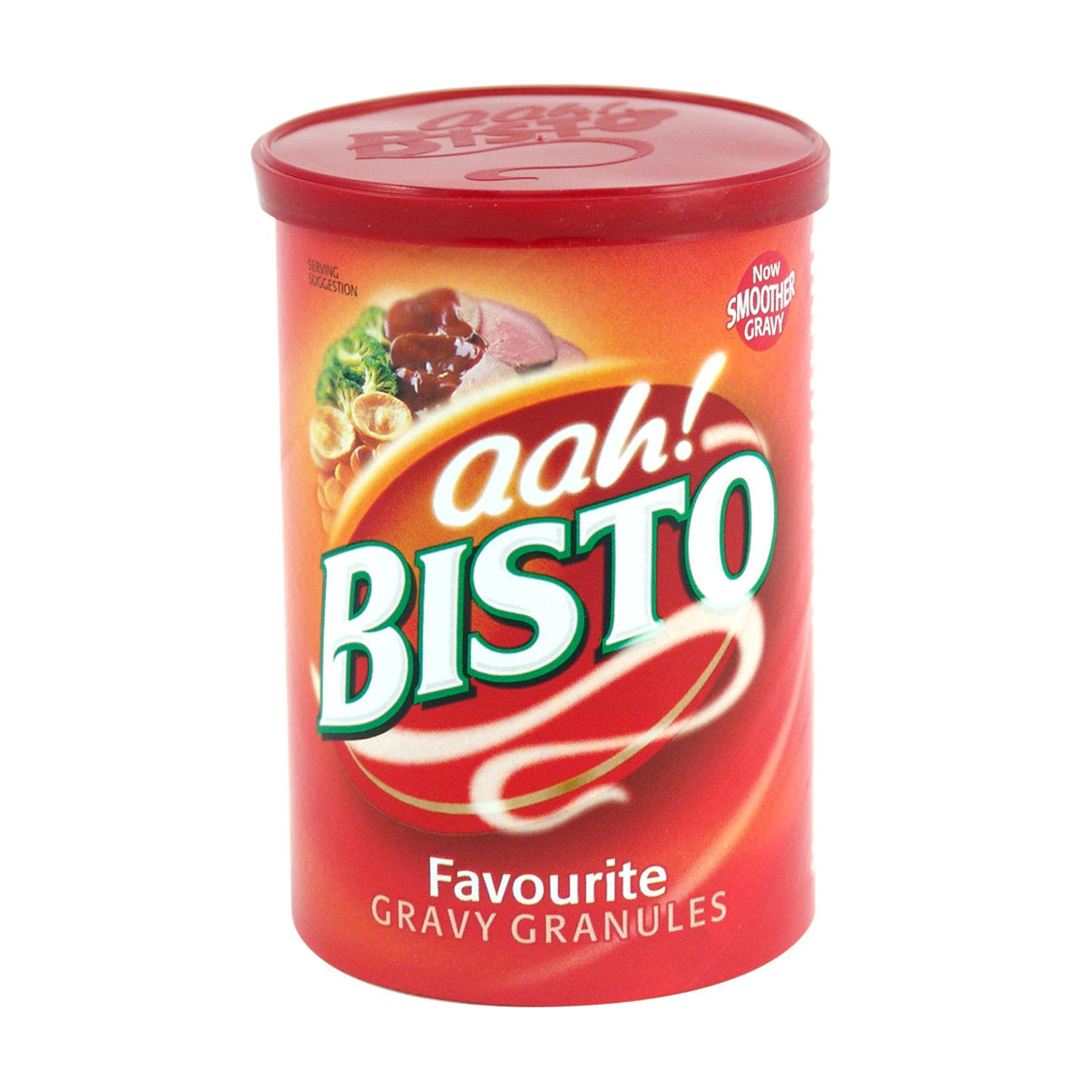 Red container of Bisto gravy granules on a white background