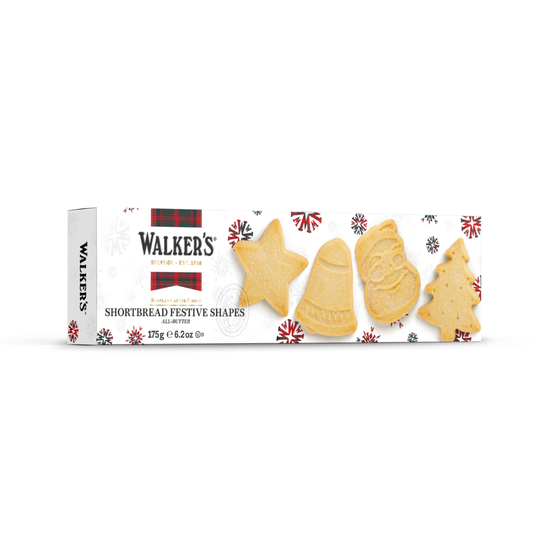 Box of Walkers shortbread festive shapes on a white background