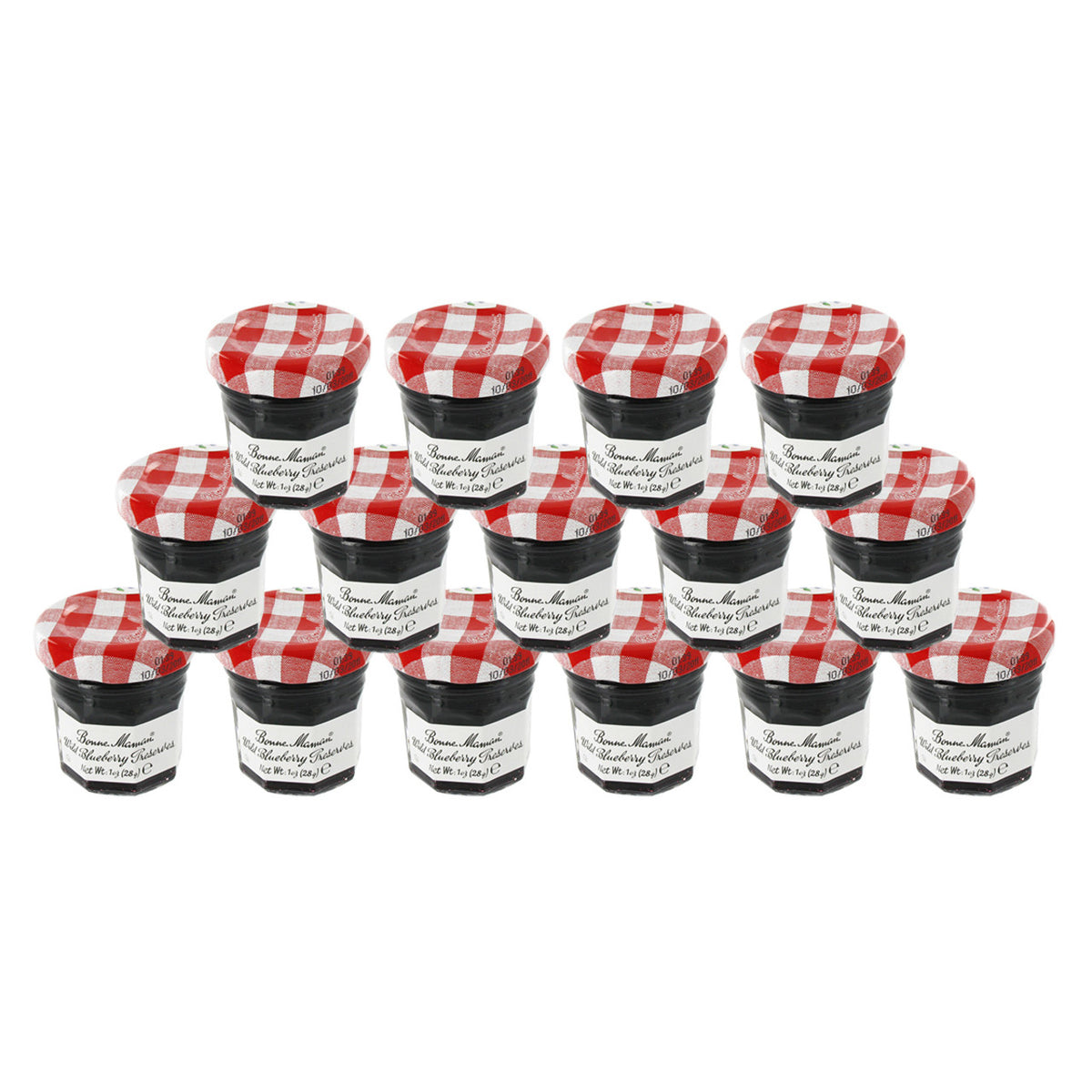 15 small jars of Bonne Maman Wild Blueberry Preserves with a red and white checkered lid.