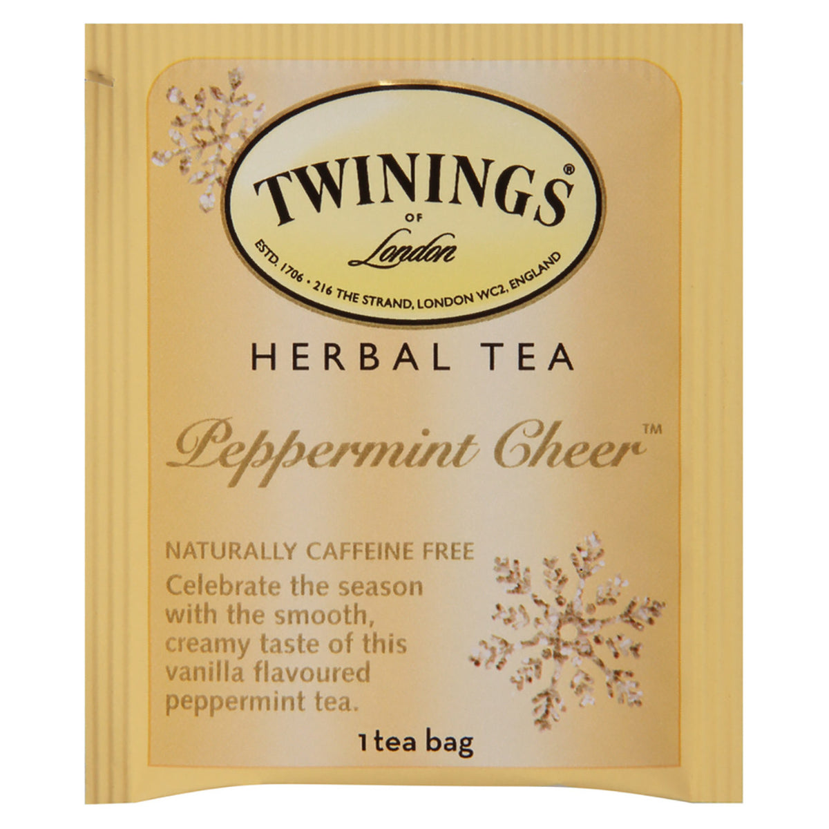 Gold colored teabag package for Twining's Herbal Tea Peppermint Cheer.