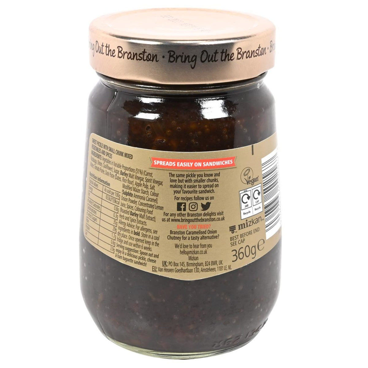 Jar of Branston Small Chunk Pickle with label and branding on a white background