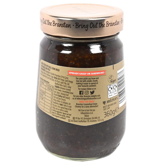 Jar of Branston Small Chunk Pickle with label and branding on a white background