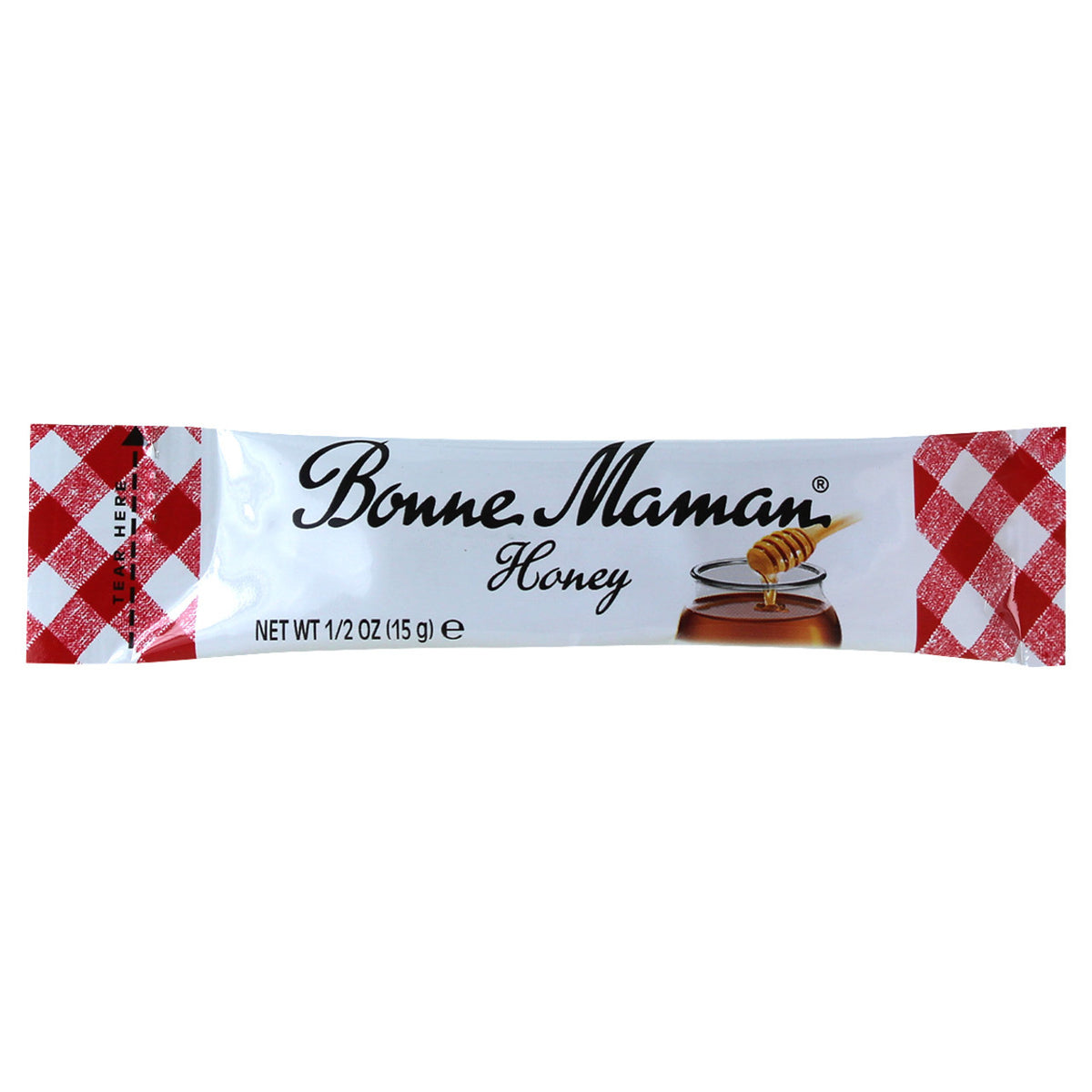 A packet of Bonne Maman honey with a red and white checkered design on the packaging.