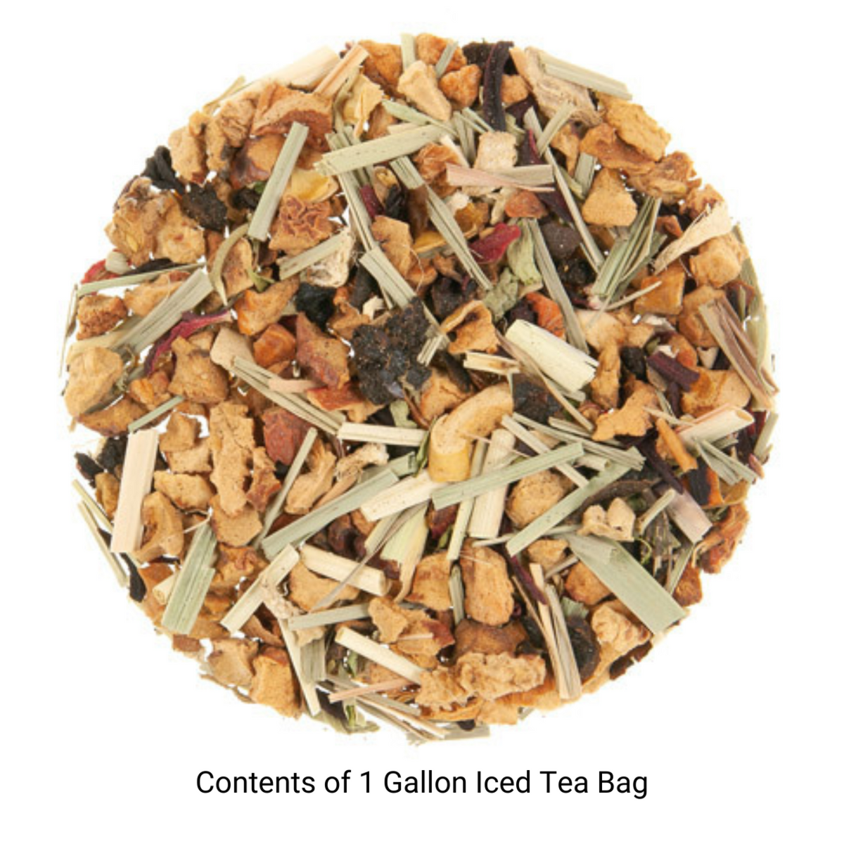 Dry tea leaves with dried fruit pieces on a white background with text "Contents of 1 Gallon iced tea bag" on a white background