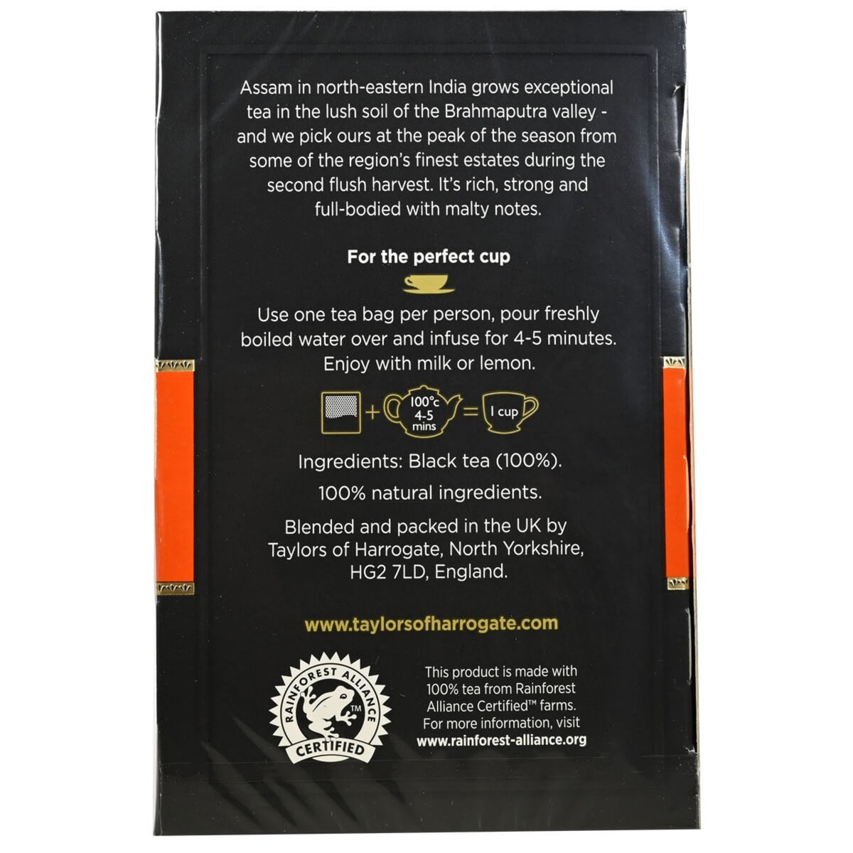 Tea bag packaging with text and branding on a black background