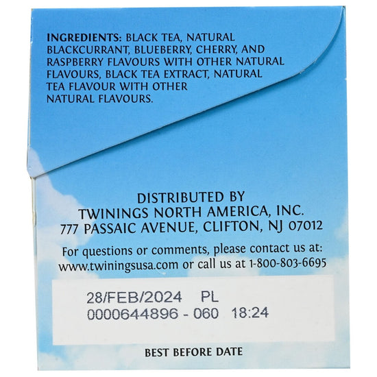 Blue tea package with text on ingredients and distribution details.