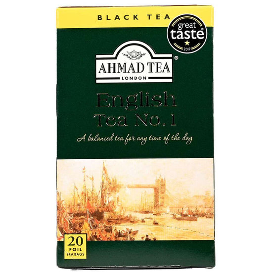 Ahmad Tea packaging with a scenic image of London Bridge on a white background