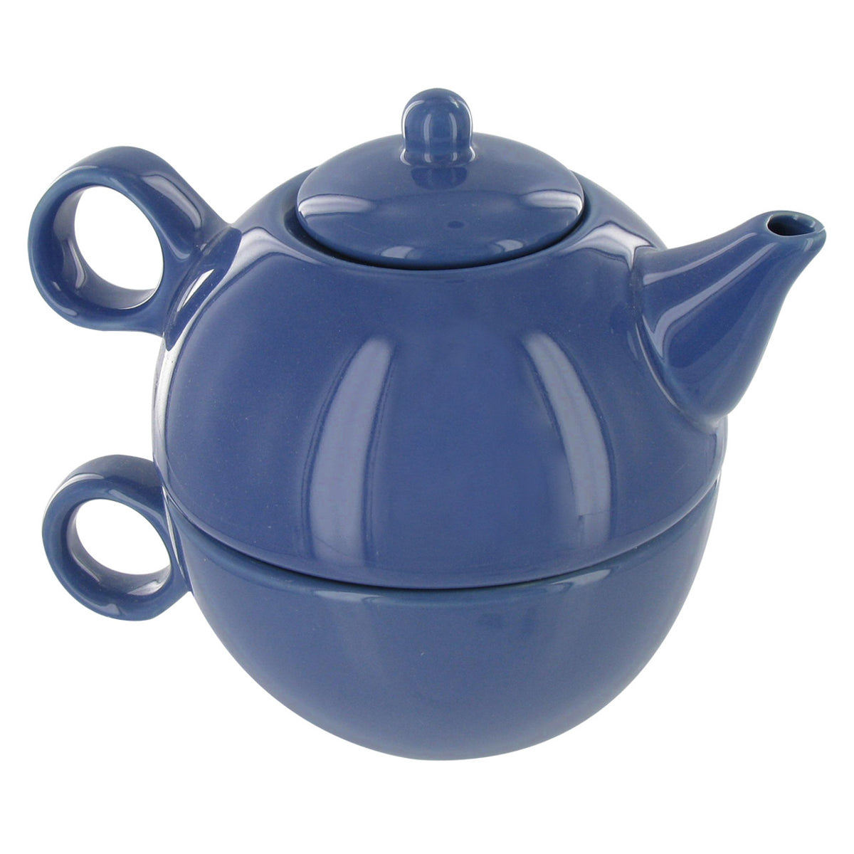 Blue ceramic teapot stacked on top of a matching teacup on a white background