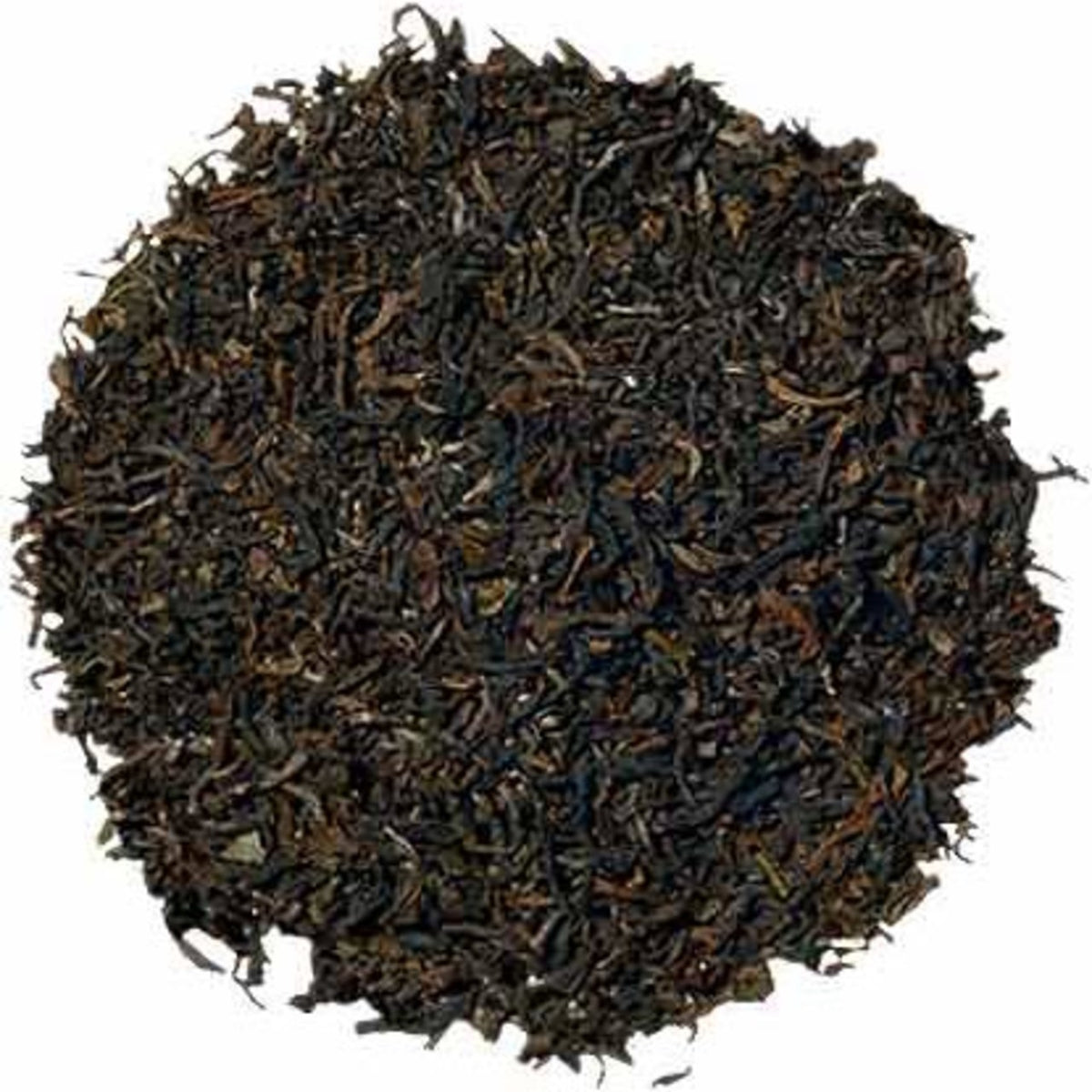 A pile of dry, black organic Darjeeling tea leaves.