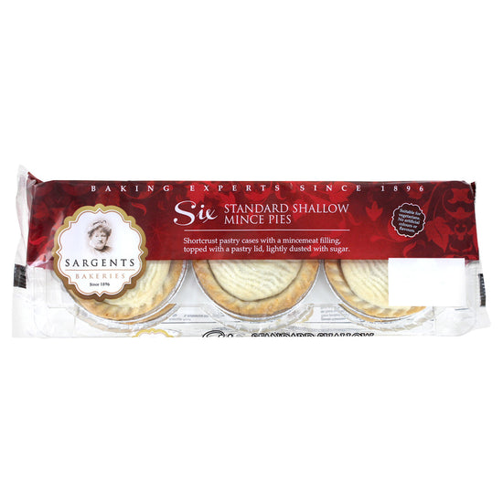Package of Sargent's Standard Shallow Mince Pies in translucent plastic showing the mince pies. Package has a red top with white font.