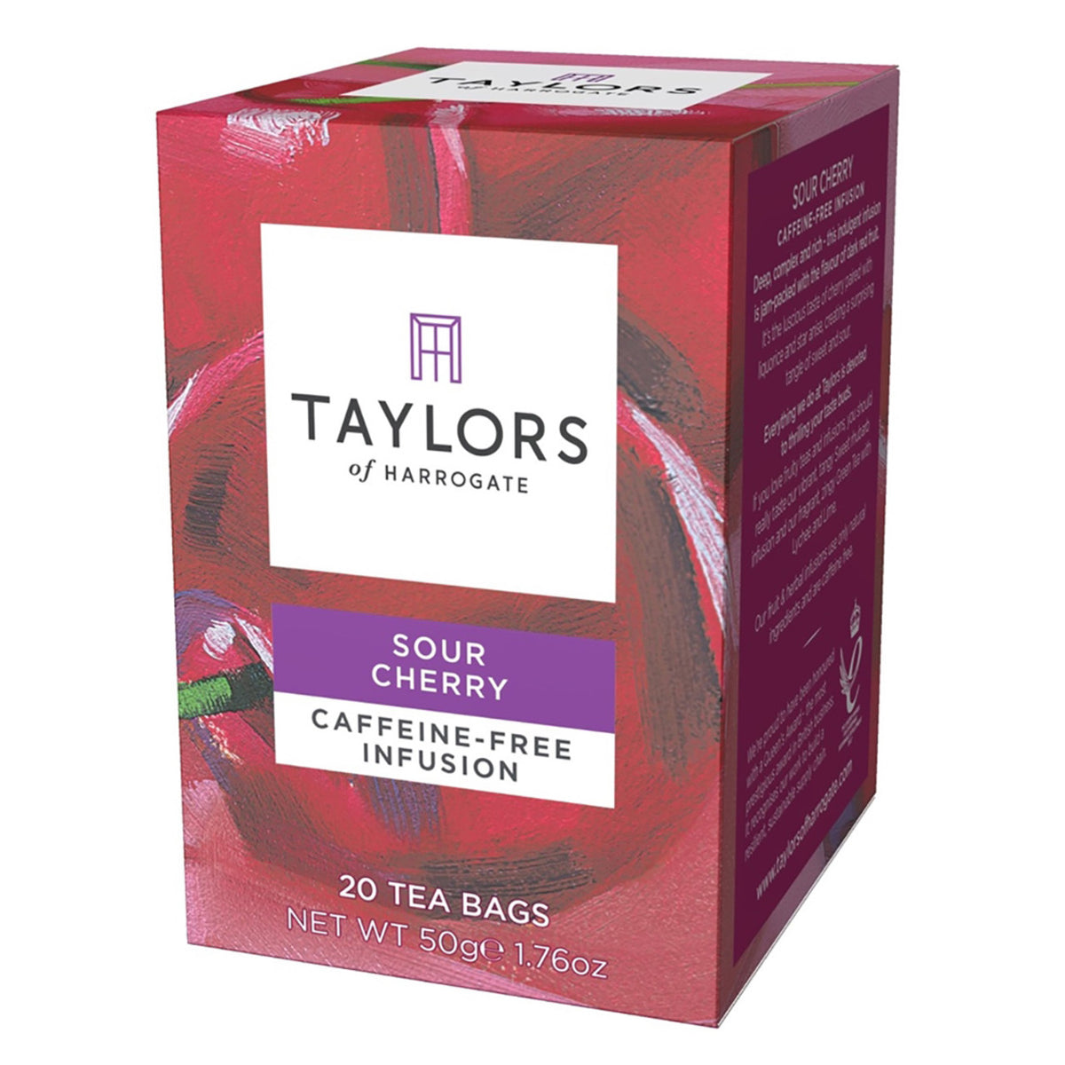 Box of Taylors of Harrogate Sour Cherry caffeine-free infusion tea bags on a white background