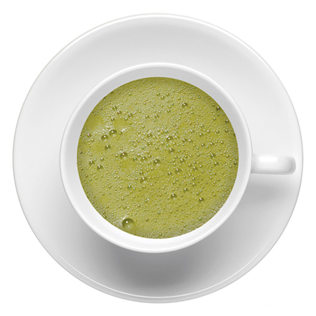 Top-down view of hot green matcha tea in a white teacup on a white saucer on a white background