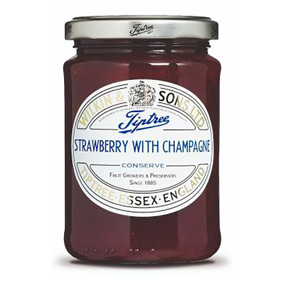 Jar of Tiptree Strawberry with Champagne Conserve on a white background