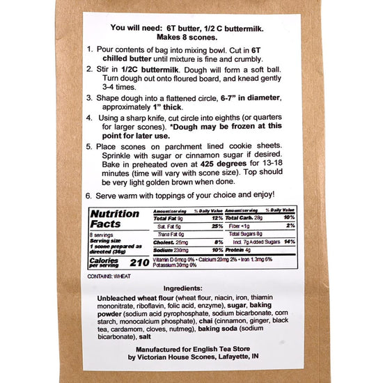 Indian Chair scone mix packaging with recipe and nutrition label on a white background