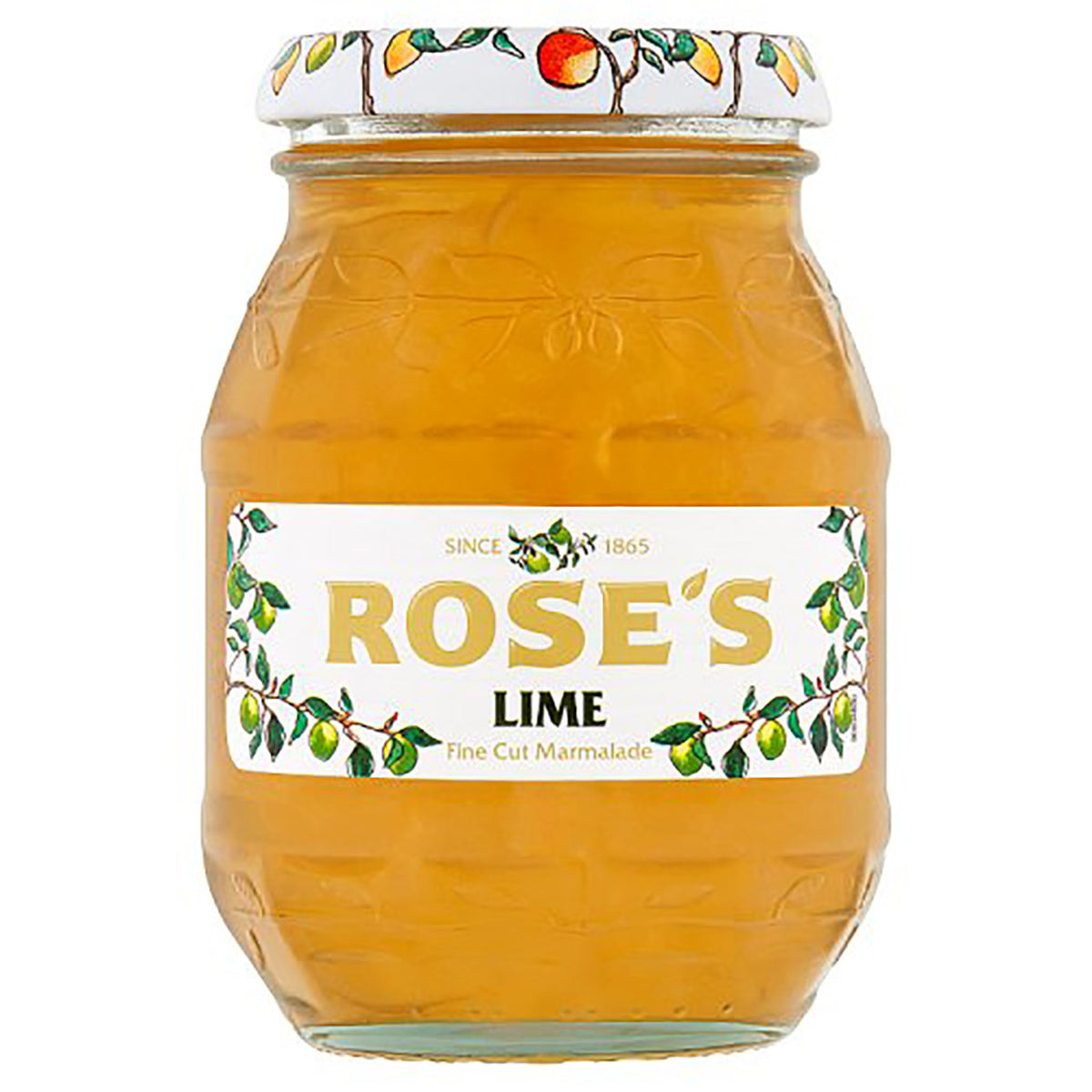 Jar of Rose's Lime Marmalade with decorative lid on a white background