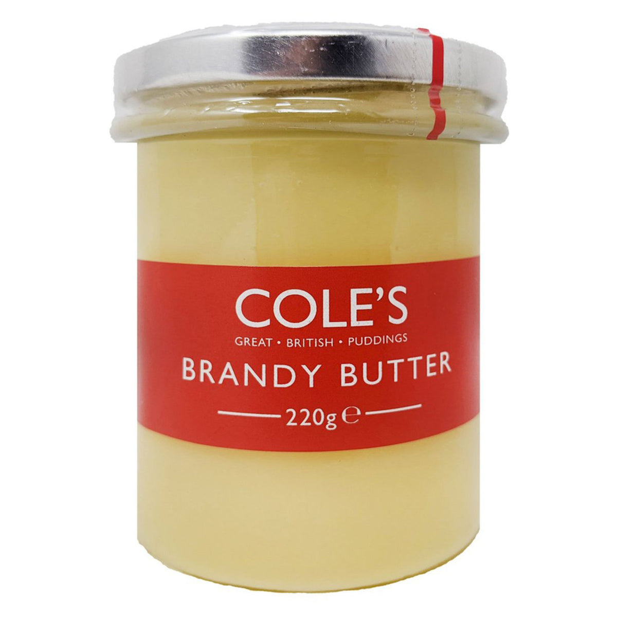 Jar of Cole's Brandy Butter with a red label on a white background