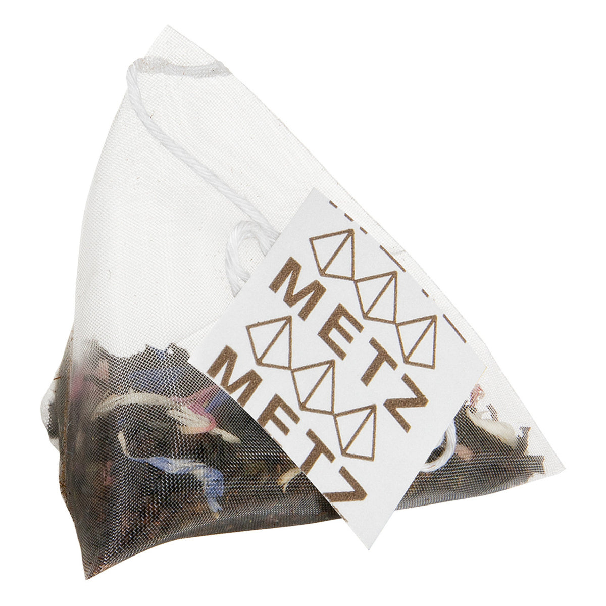Tea bag sachet featuring black tea and pink and blue flower petals with a Metz label.