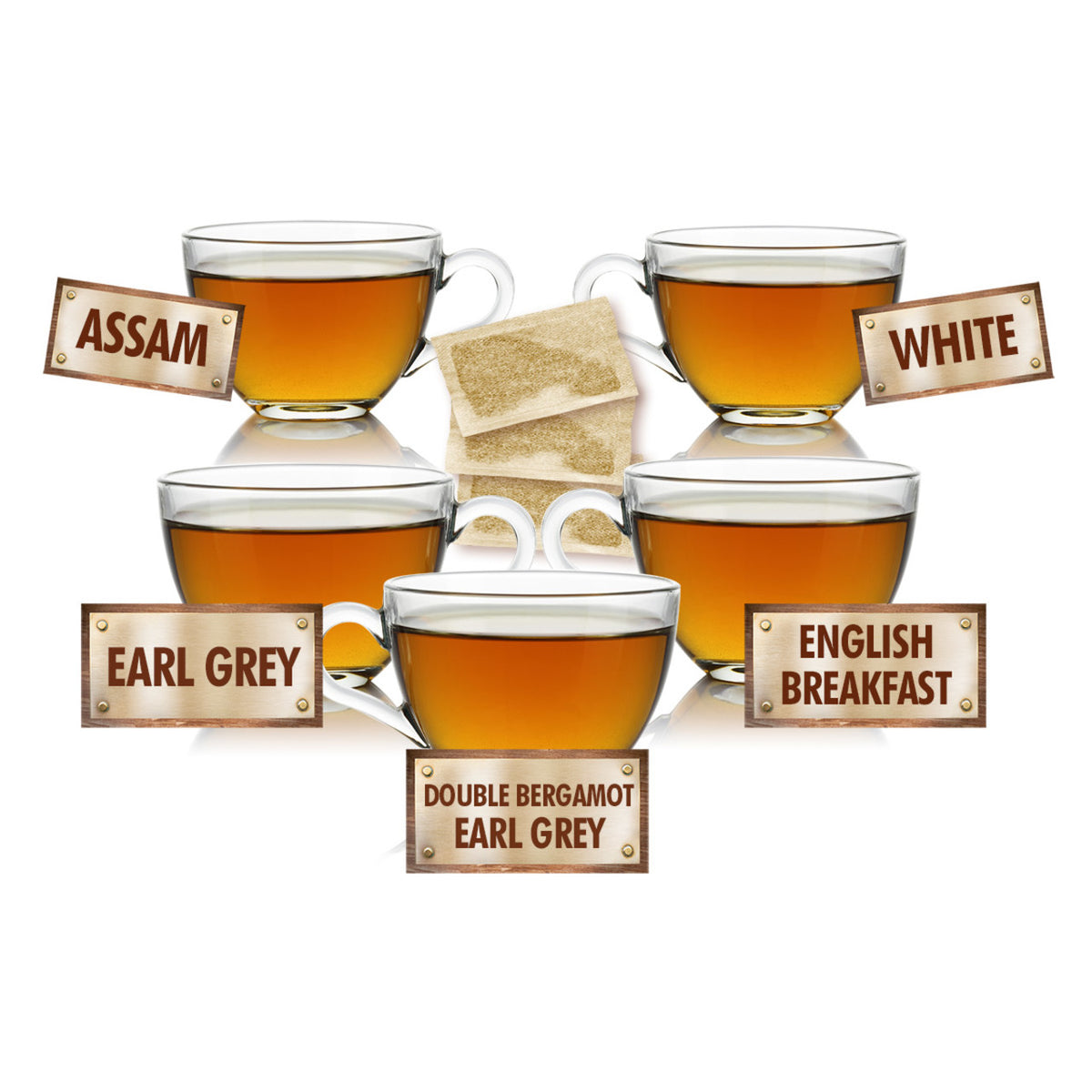 Illustration of cups of tea with different types of tea names on labels.