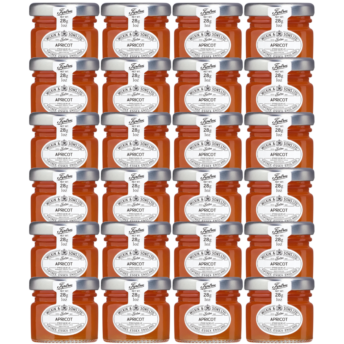 24 mini jars of Tiptree Apricot Preserve, showing the product label and the clear glass jar filled with orange preserve.