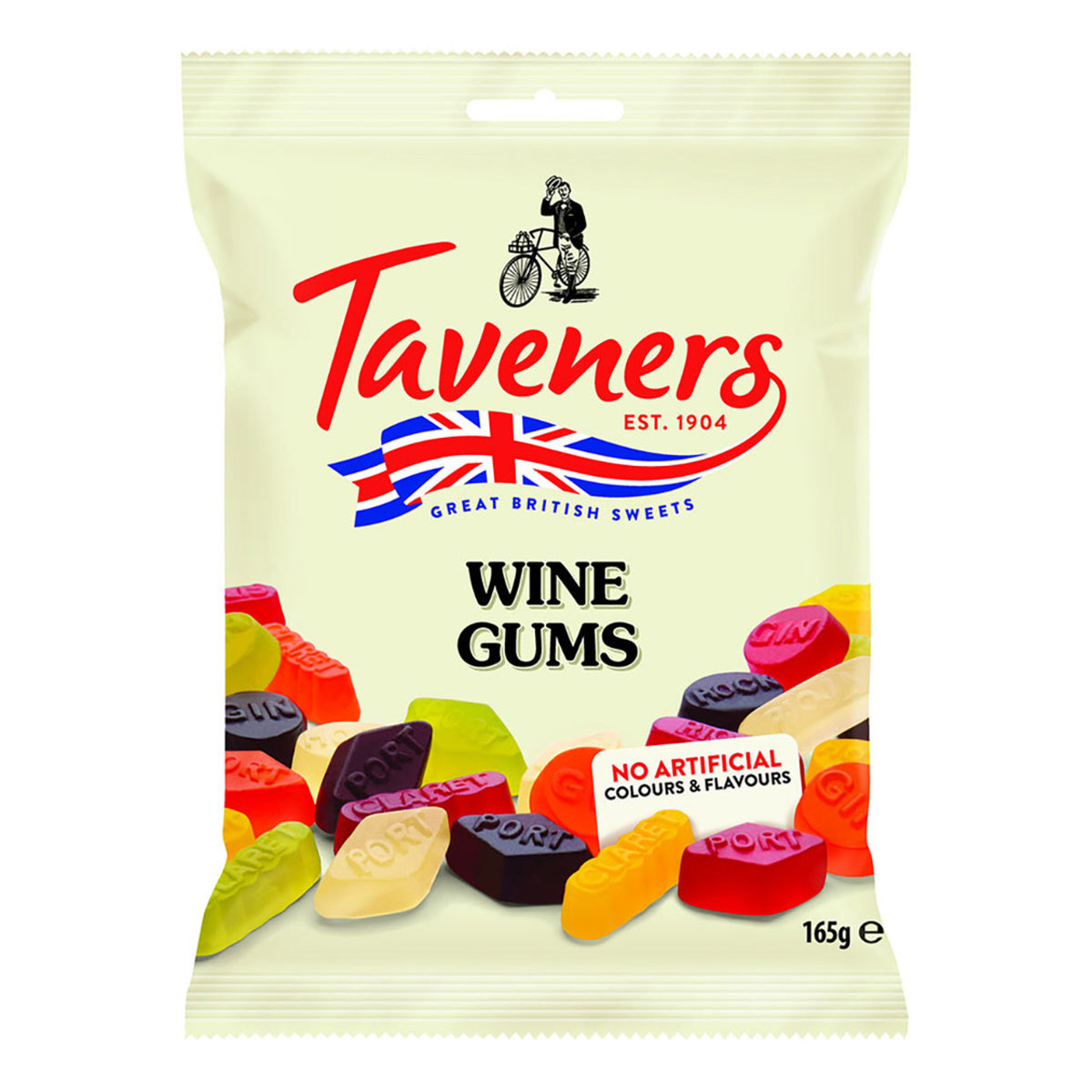 Packaging of Taveners Wine Gums with colorful gummy candies and British flag on a white background.