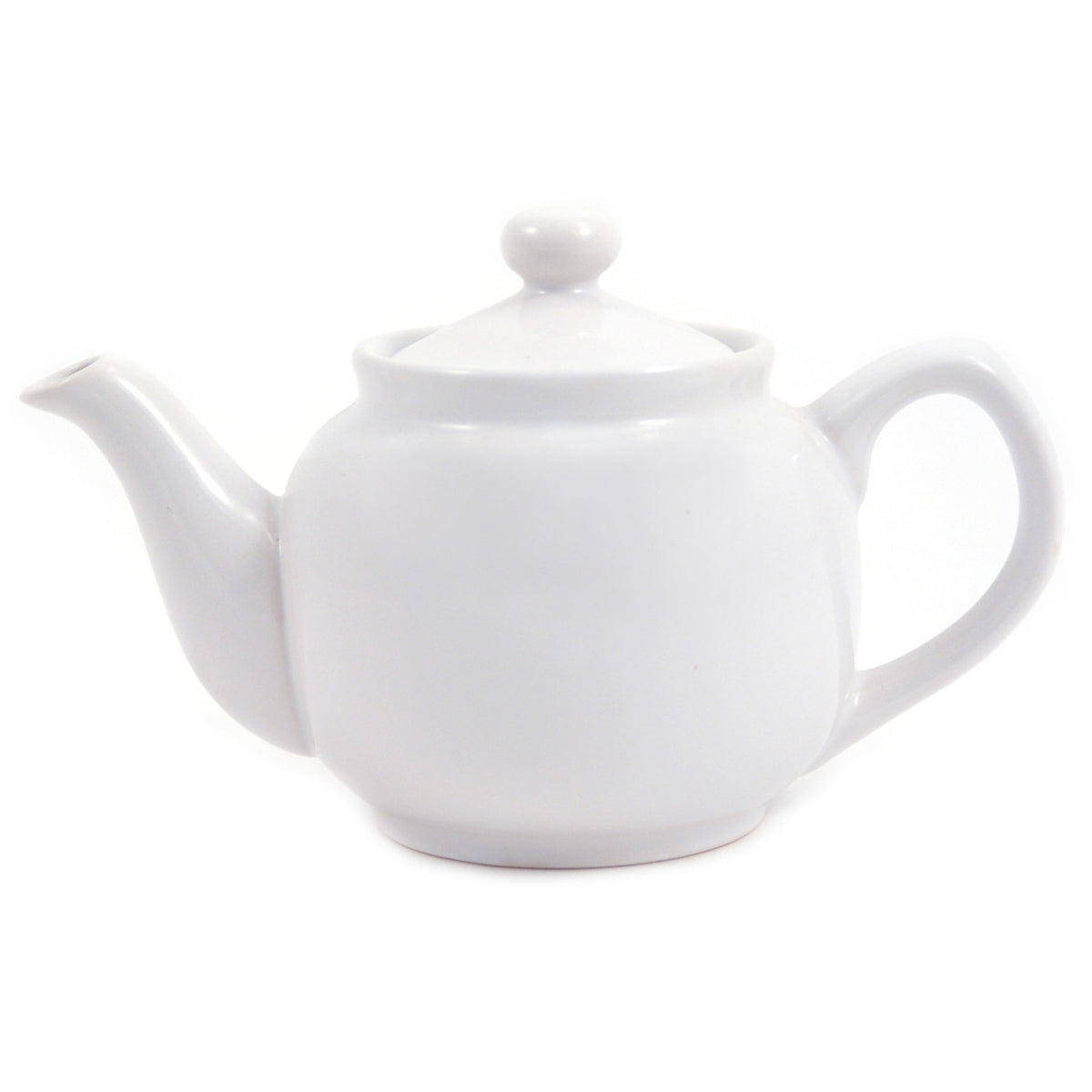 A white teapot with a lid, spout, and handle.