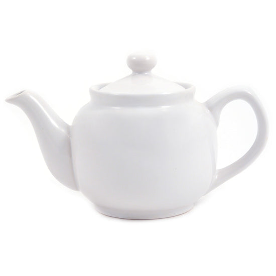 A white teapot with a lid, spout, and handle.