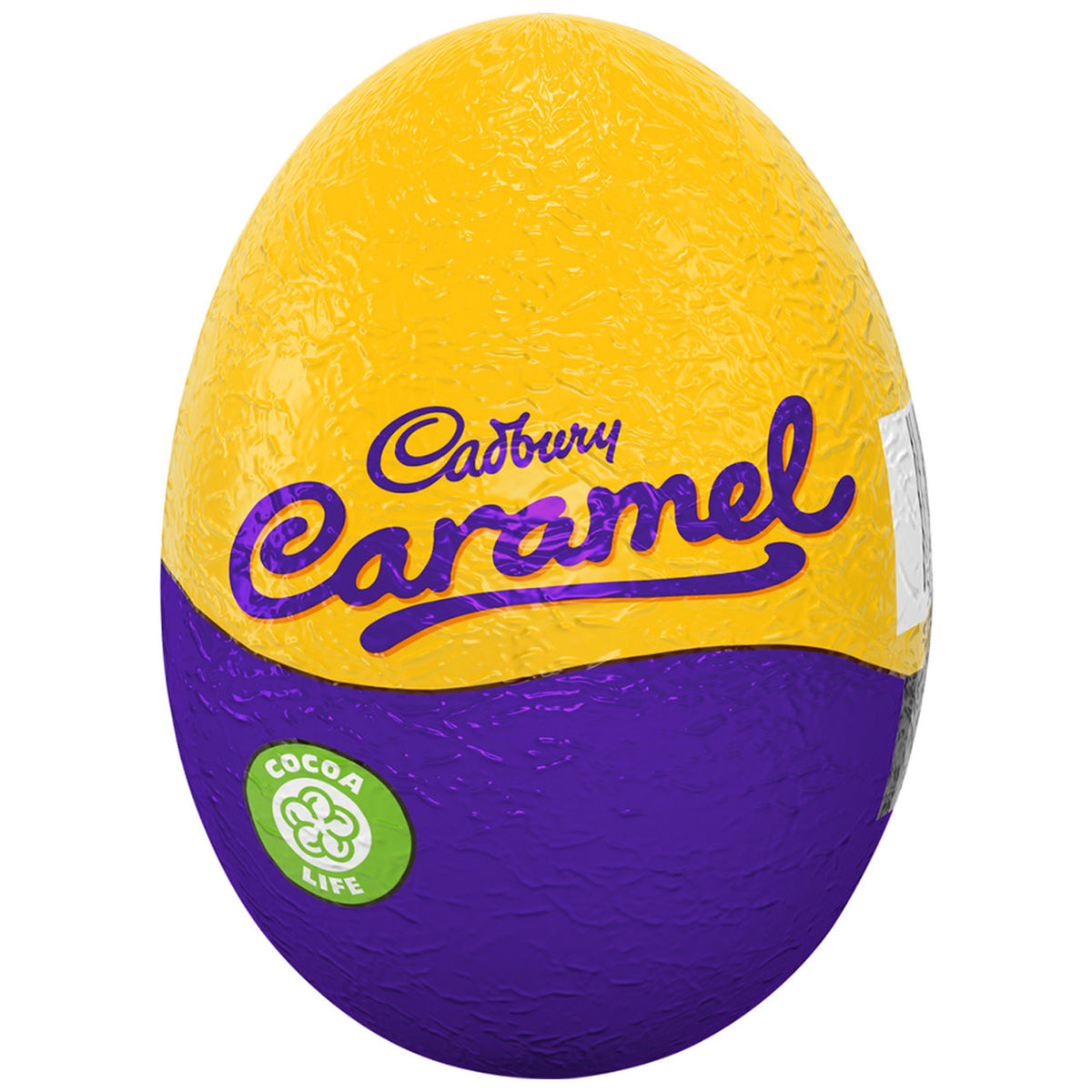 Yellow and purple Cadbury Caramel Easter egg on a white background