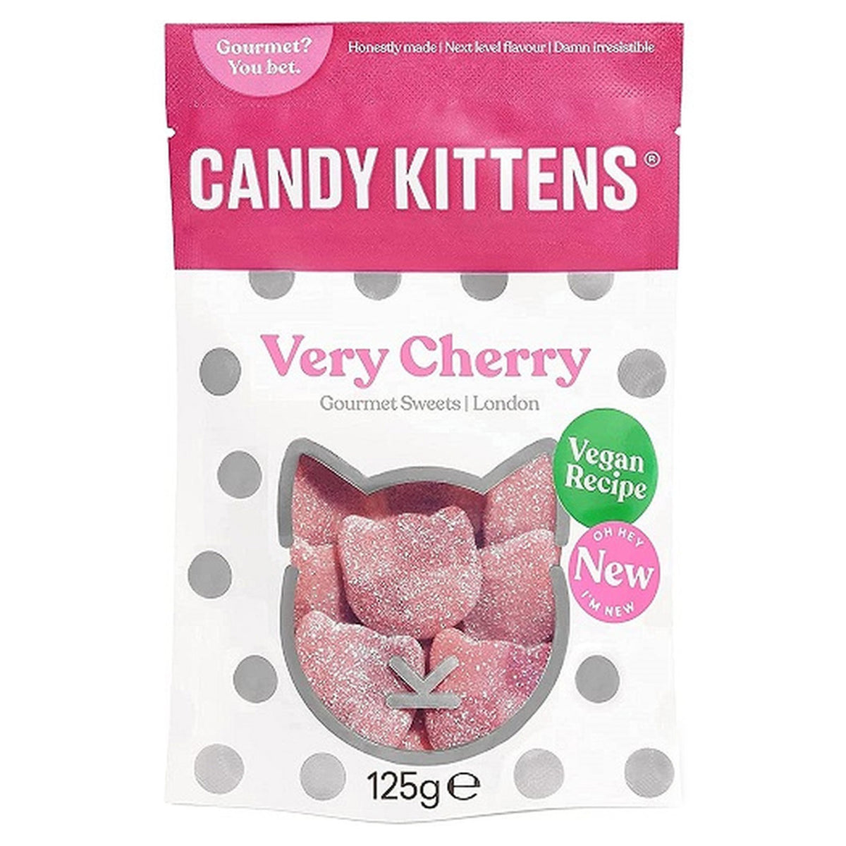 Packaging of Candy Kittens Very Cherry sweets with pink and white design.