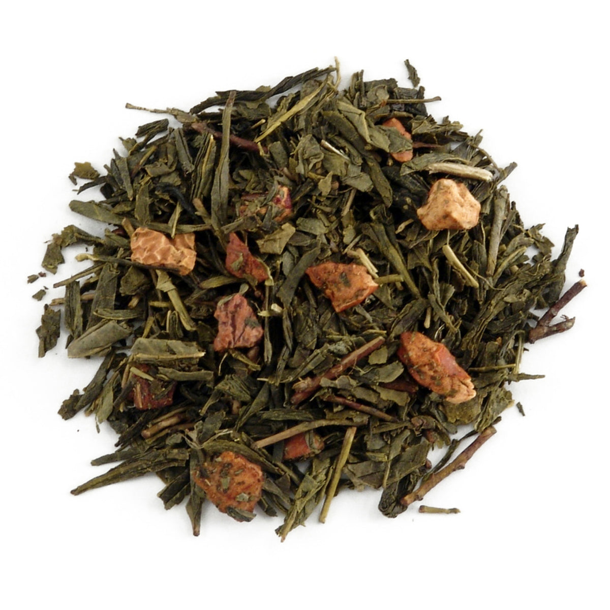 Dry green tea leaves with some brownish pieces on a white background