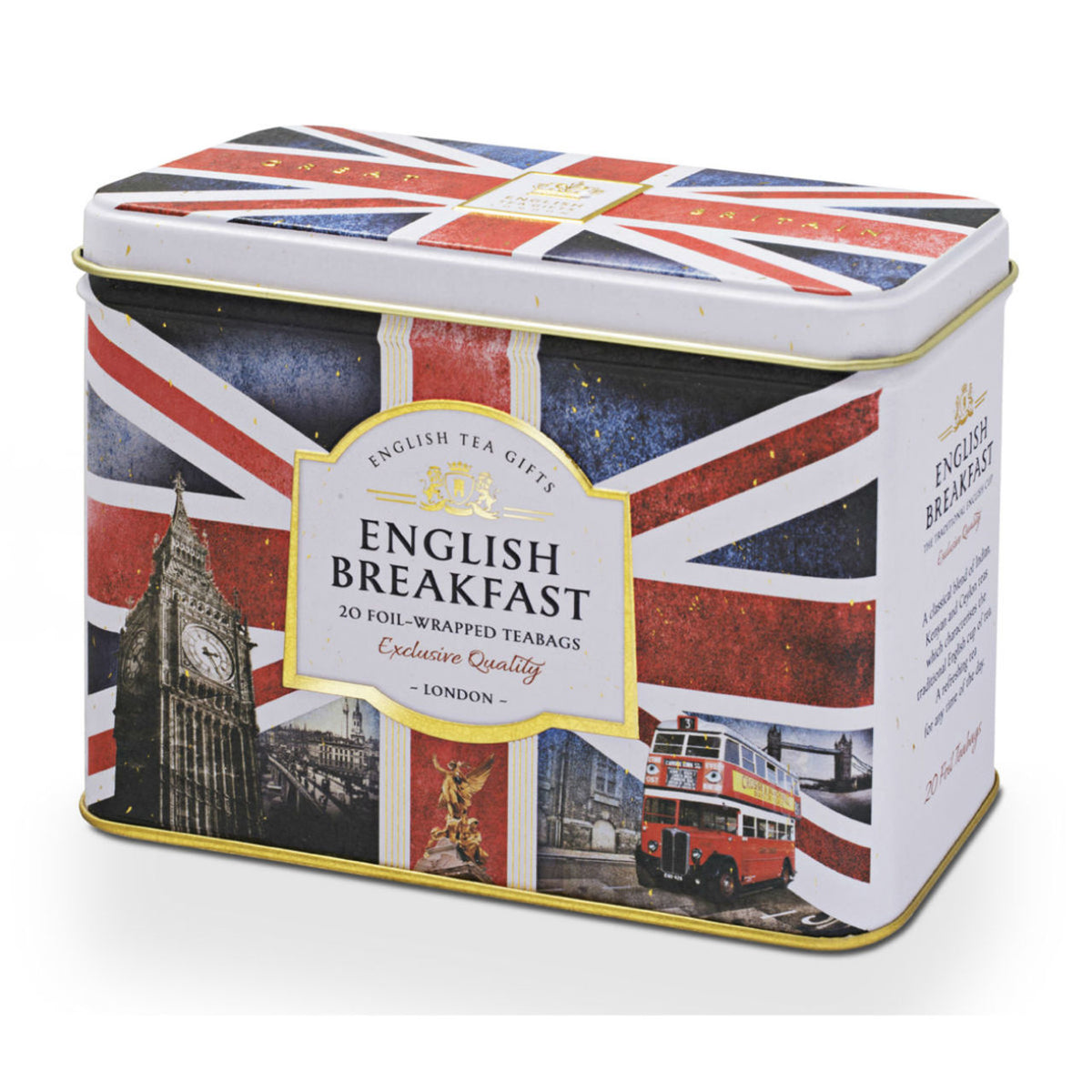 Tea tin with Union Jack design featuring images of Big Ben, a double-decker bus, and a clock tower.