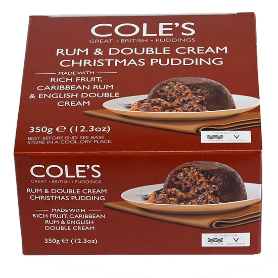 Box of Cole's Rum & Double Cream Christmas Pudding on a white background