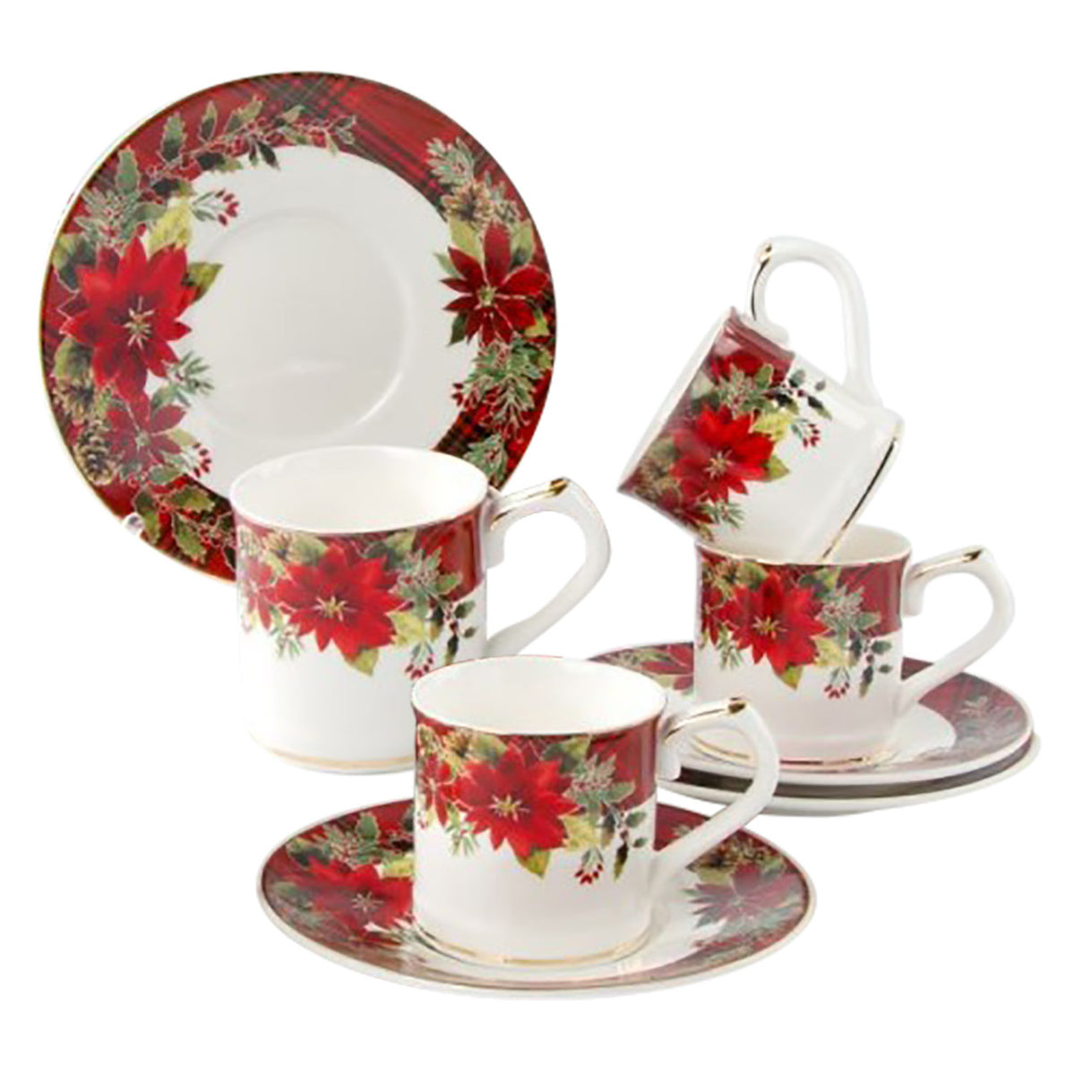 Christmas-themed decorative tableware set with red and green floral patterns on a white background.