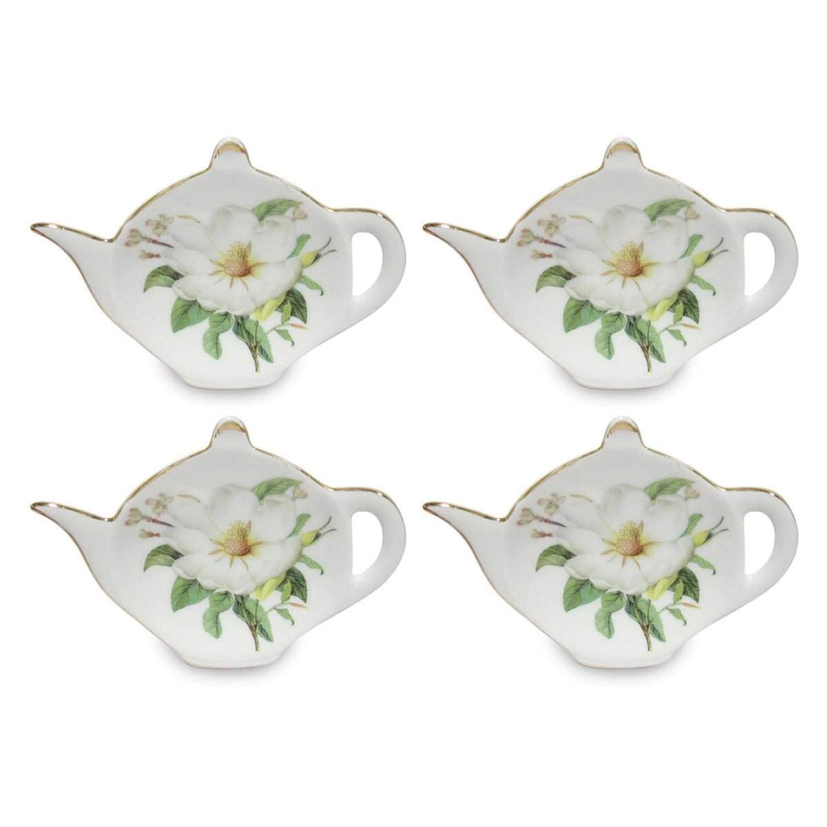 Four small teapot-shaped teabag holder plates with floral design on a white background