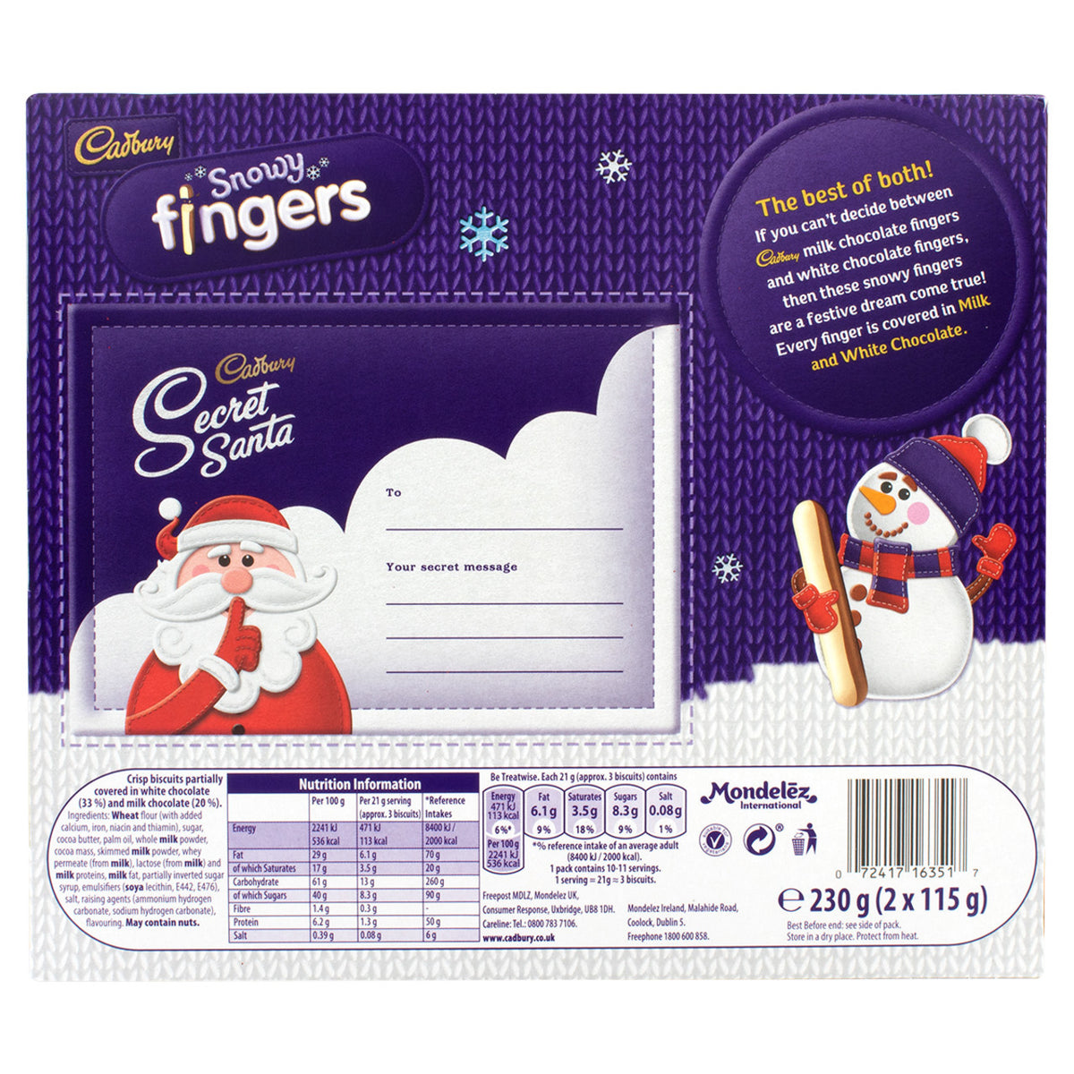 Cadbury Snowy Fingers chocolate packaging with a snowman and festive design and nutrition information.