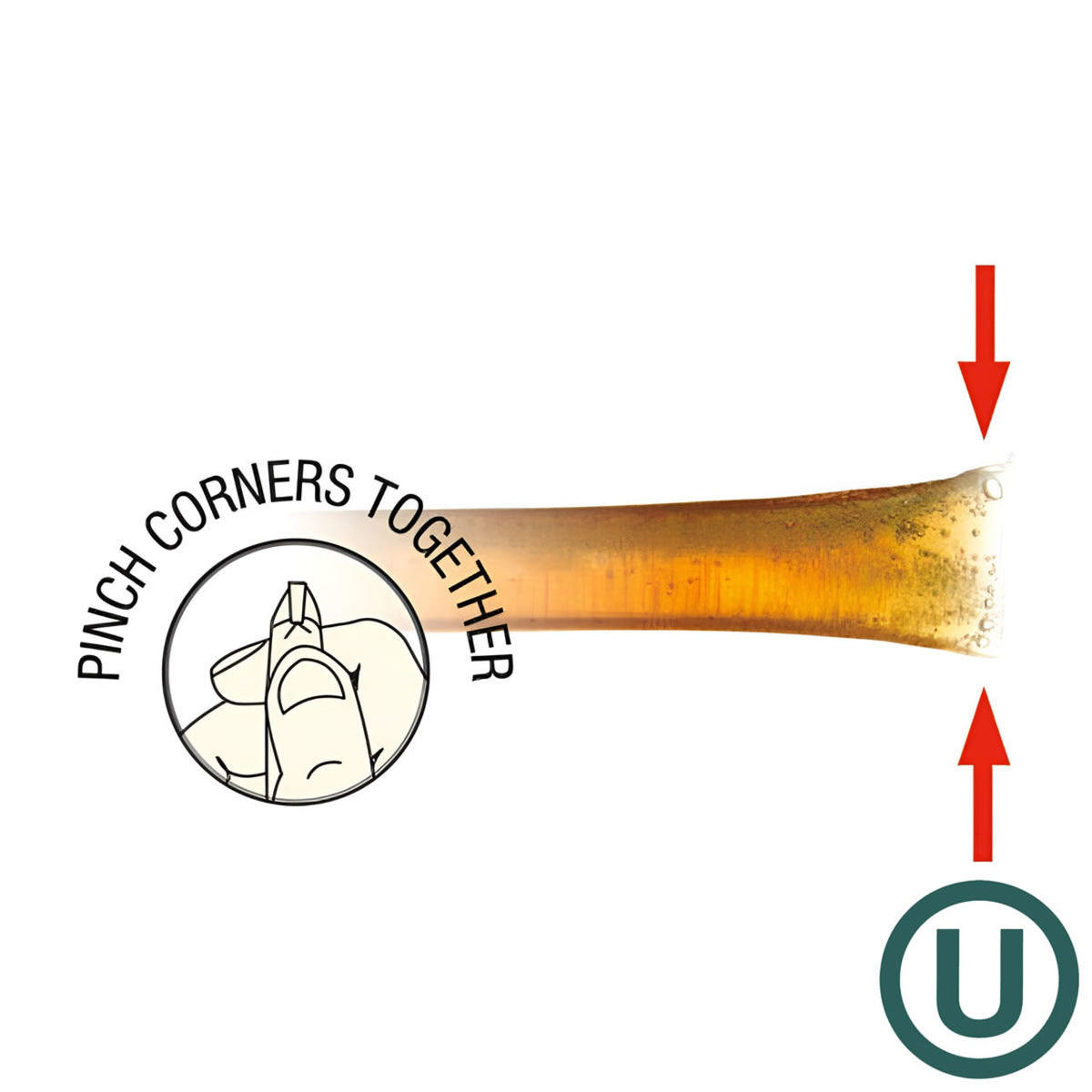 Instructions for pinching the ends of a honey stick with gluten-free and allergen symbols on a white background.