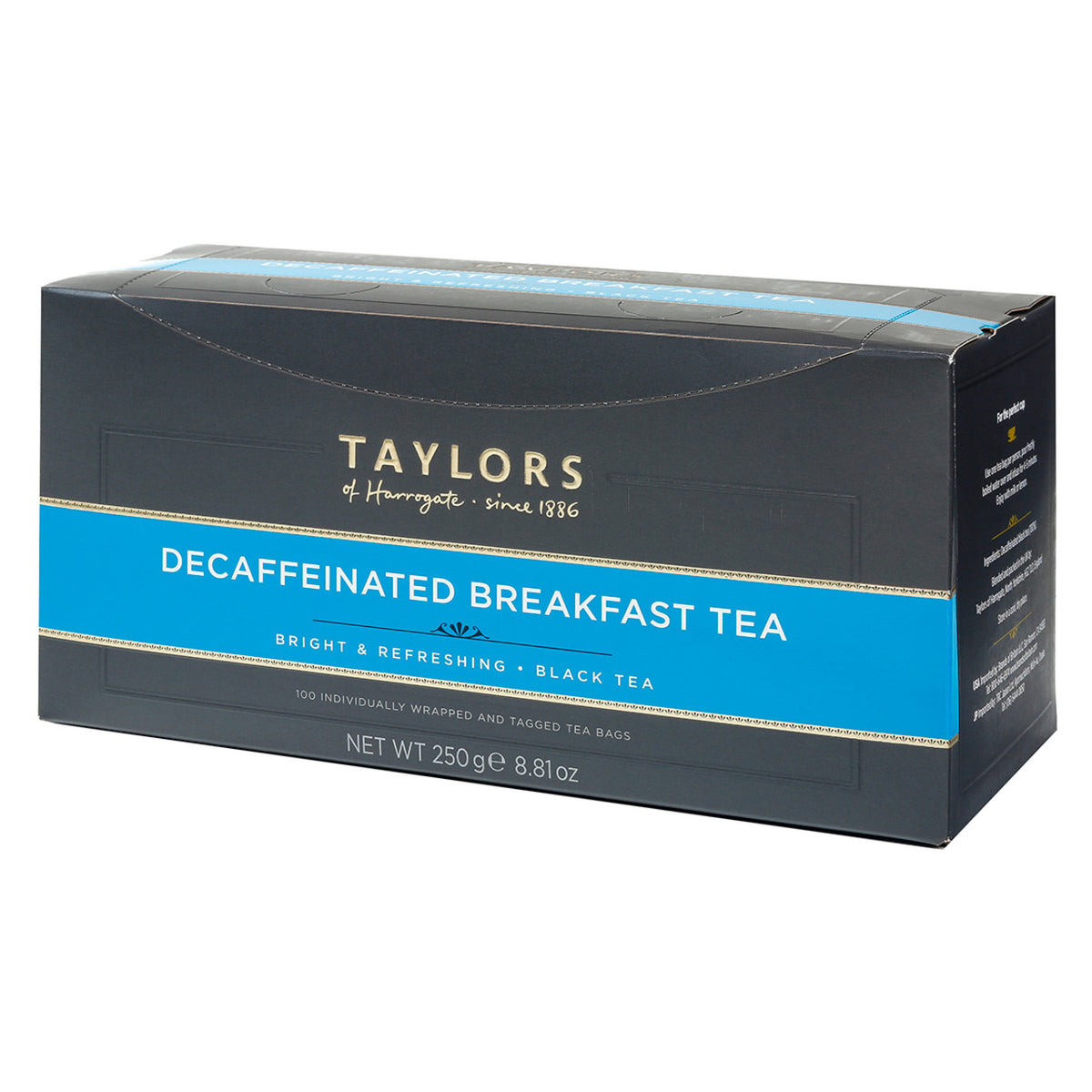 Box of Taylors decaffeinated breakfast tea on a white background