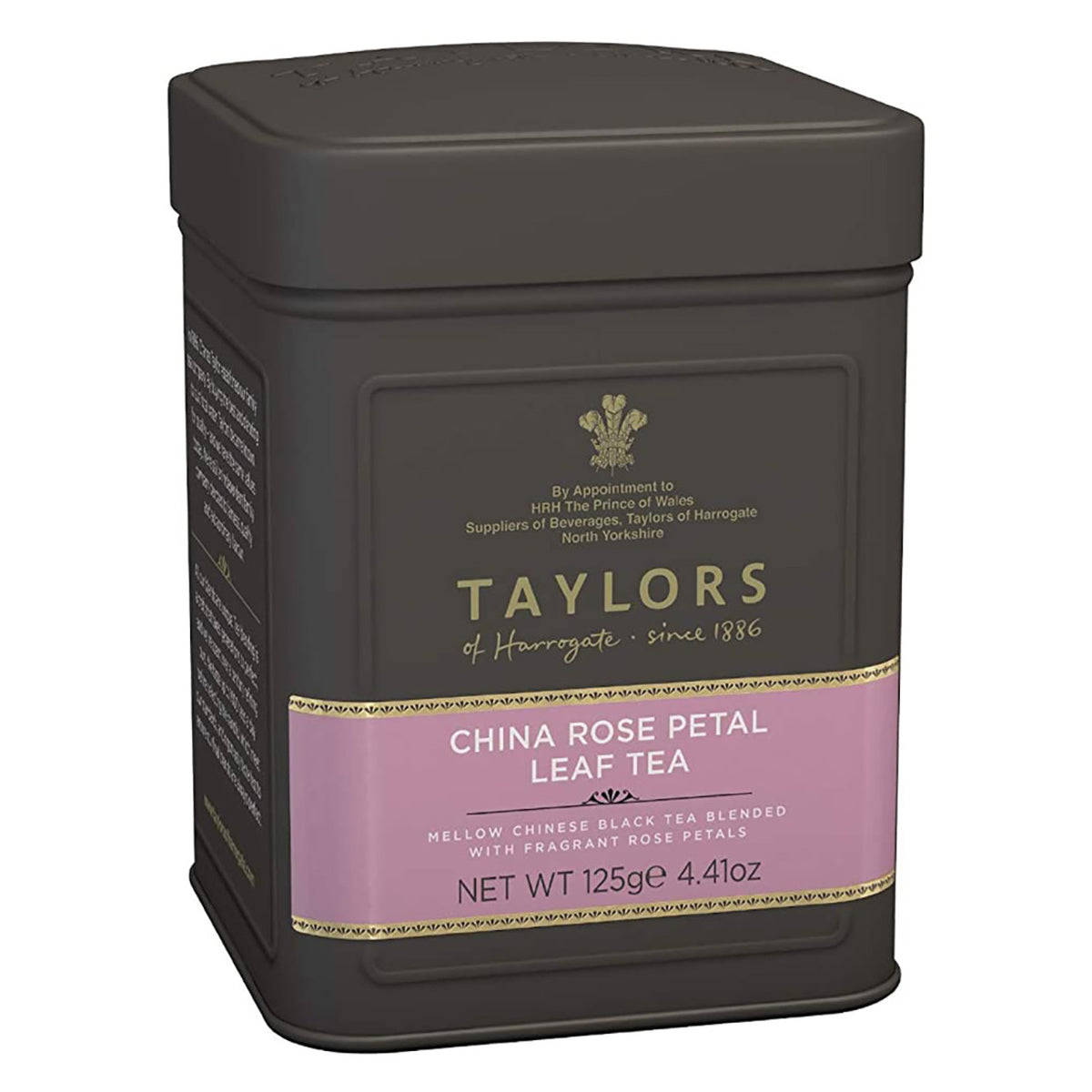 Taylors of Harrogate China Rose Petal Leaf Tea canister on a white background