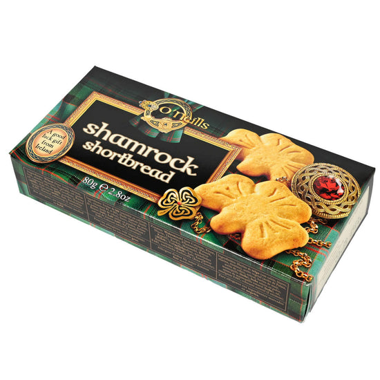 Box of O'Neill's shamrock shortbread cookies with decorative elements on a white background
