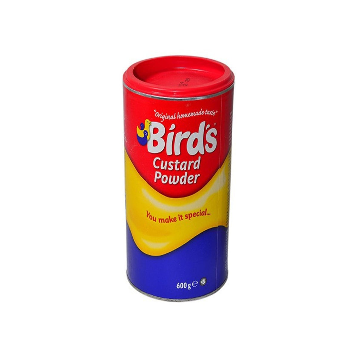 Bird's Custard Powder can with red, yellow, and blue design on a white background