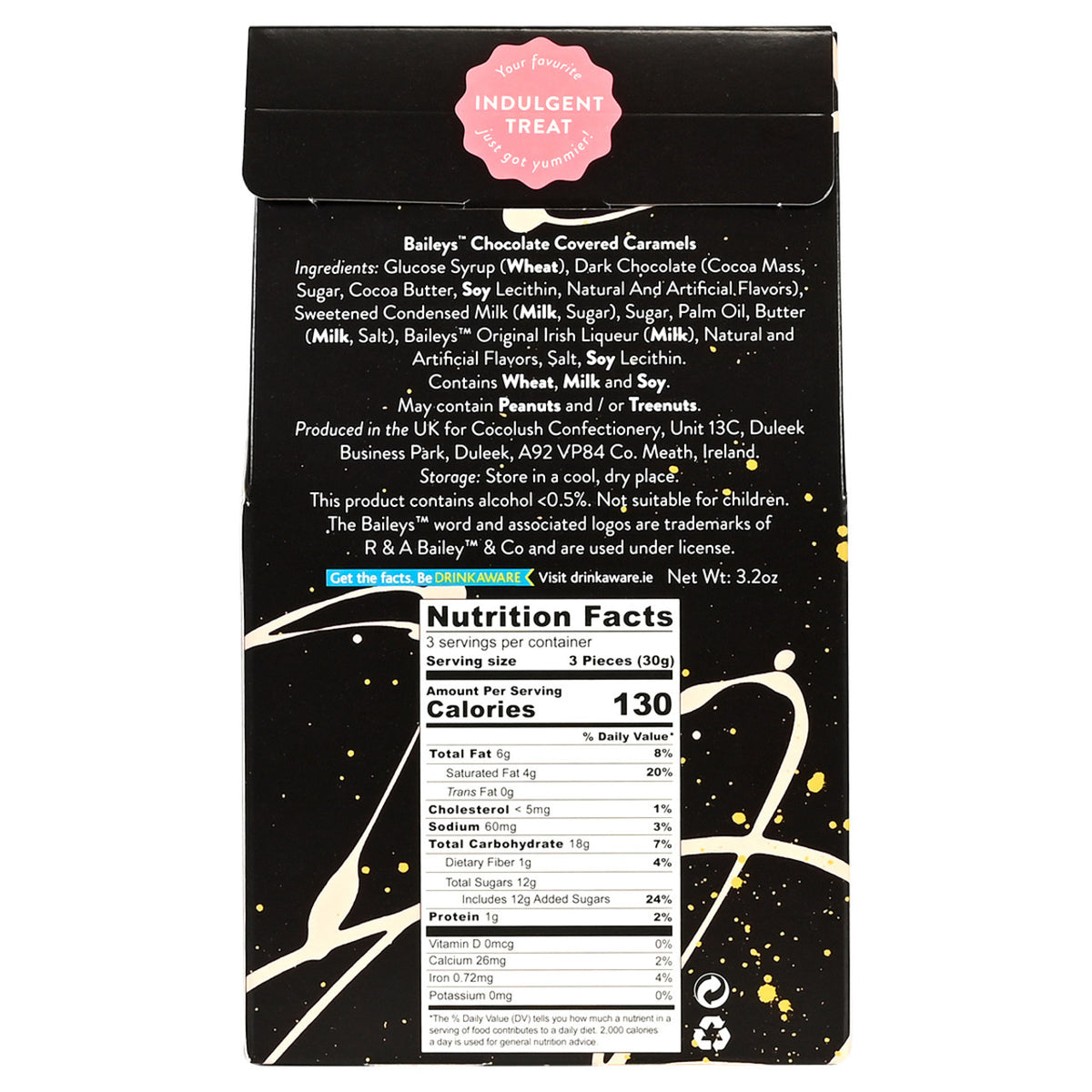 Black packaging with white text and nutrition label for Baileys chocolate-covered caramels.