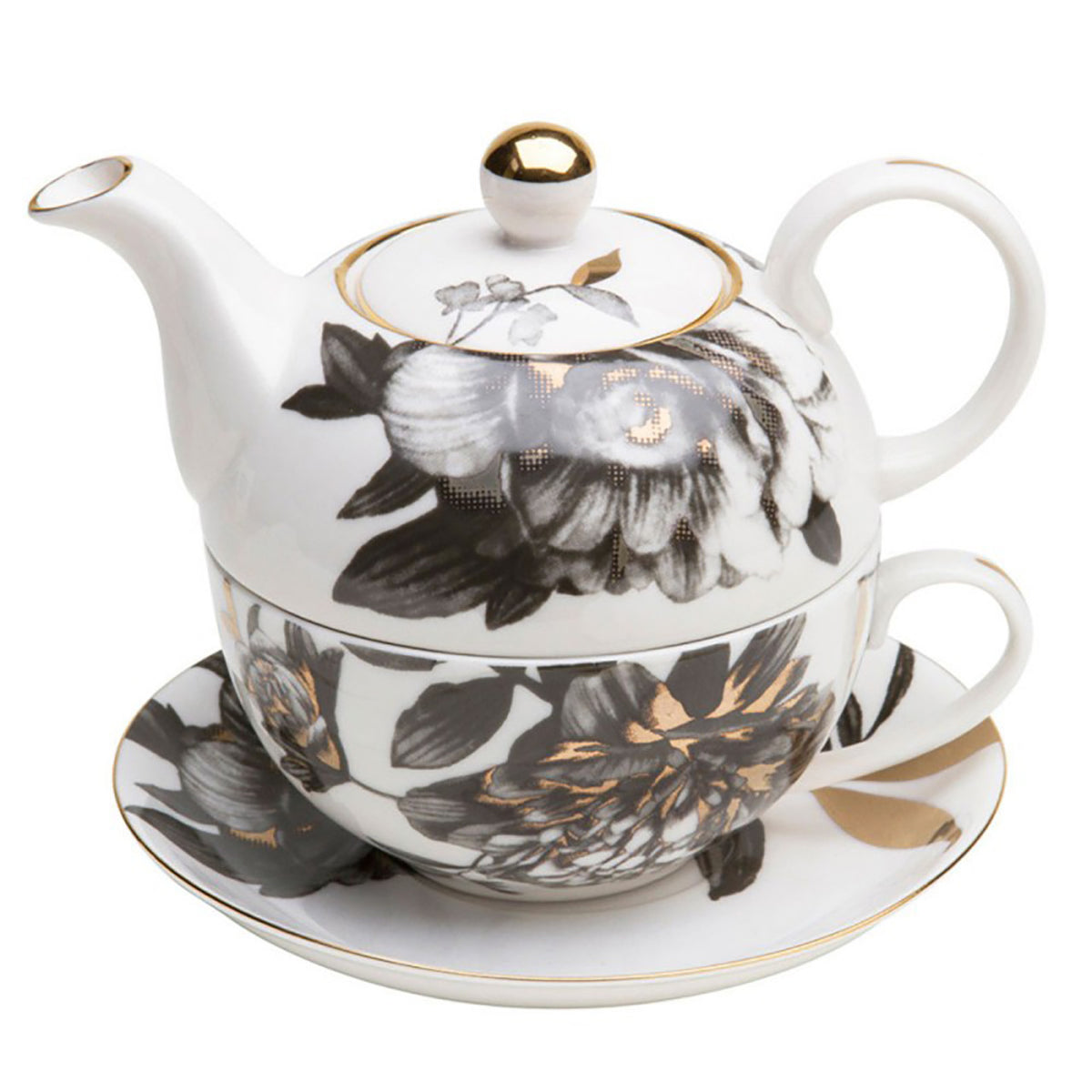 Teapot with black and gold peony floral design on a white background