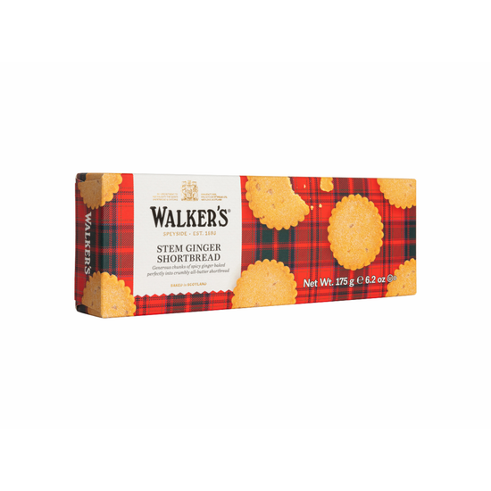Box of Walker's Stem Ginger Shortbread cookies with a plaid design on a white background