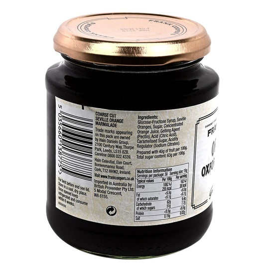 Side view of a jar of Frank Coopers Oxford marmalade featuring ingredients and nutrition information.
