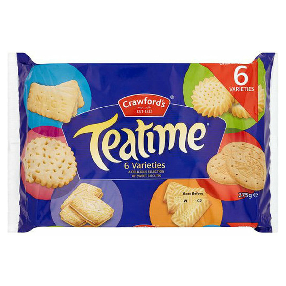 Packaging of Crawford's Teatime cookies with various flavors on a white background