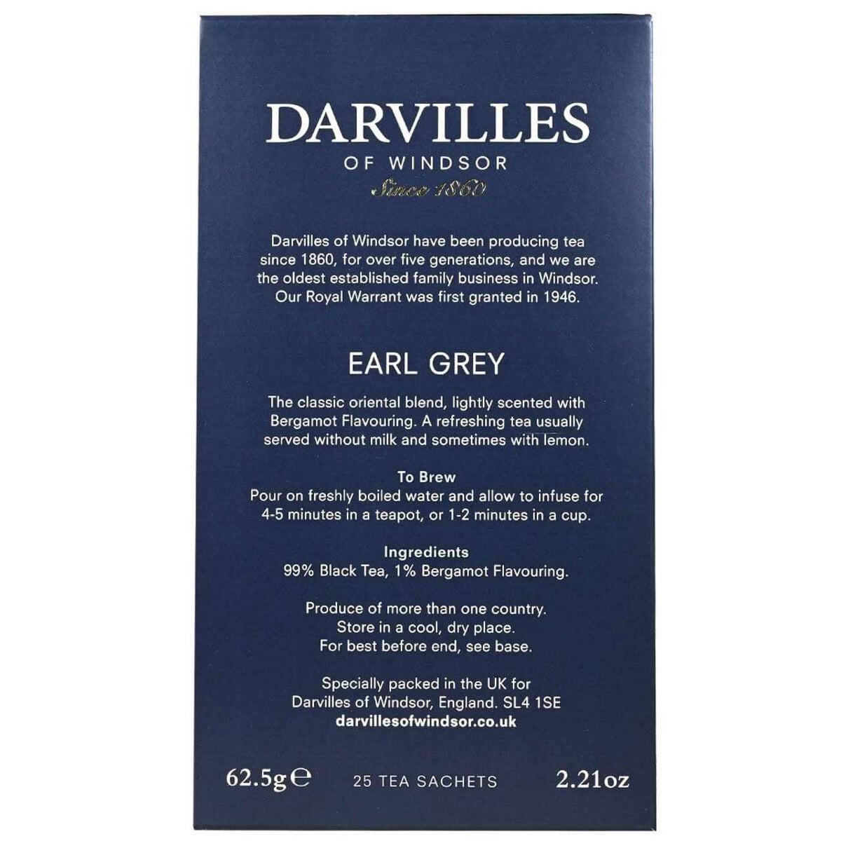 Side of a box of Darvilles of Windsor Earl Grey Tea in navy color with white text featuring branding, ingredients, and brewing instructions.