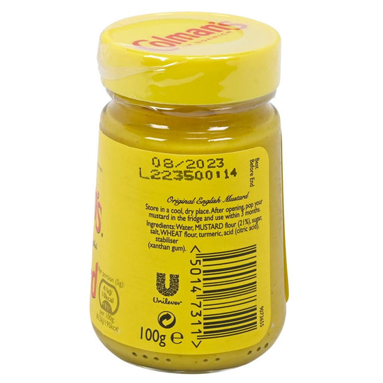 Side view of a jar of Colman's Mustard with yellow lid on a white background