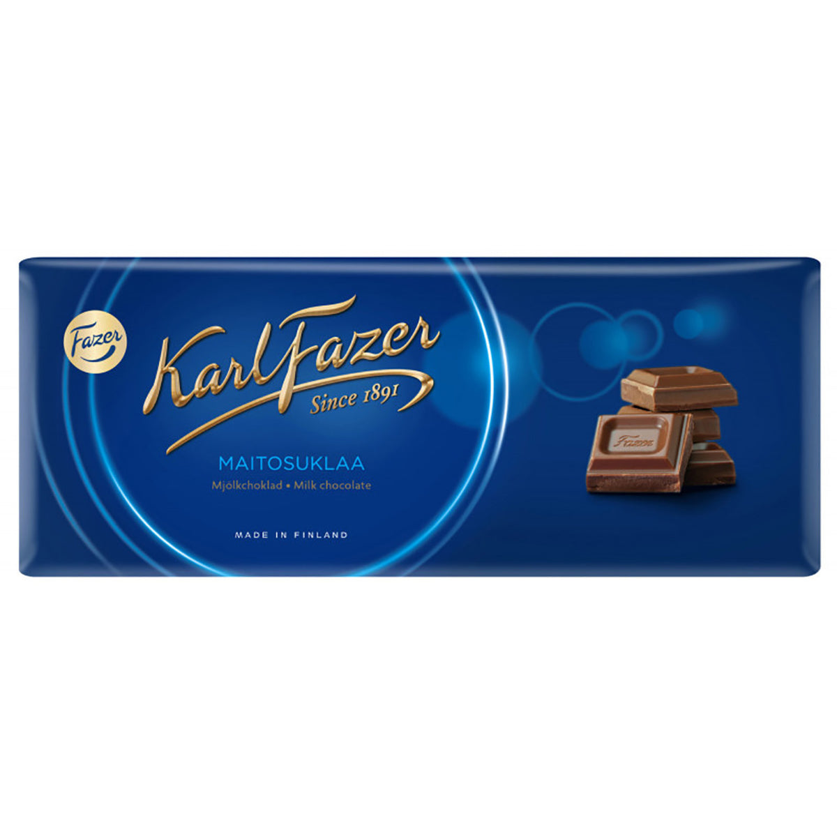 Karl Fazer chocolate bar packaging with blue background