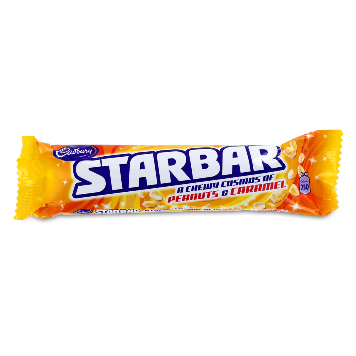 A bar of Cadbury starbar with yellow and blue packaging on a white background