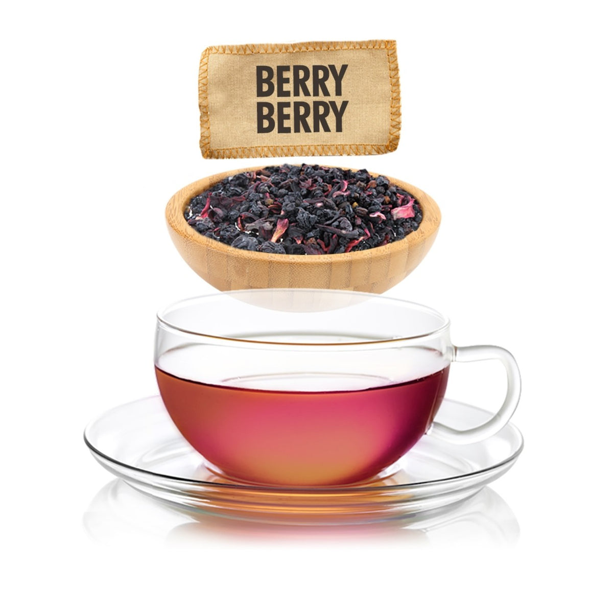 Glass teacup with berry tea, wooden bowl of dried berries, and 'Berry Berry' label on a white background